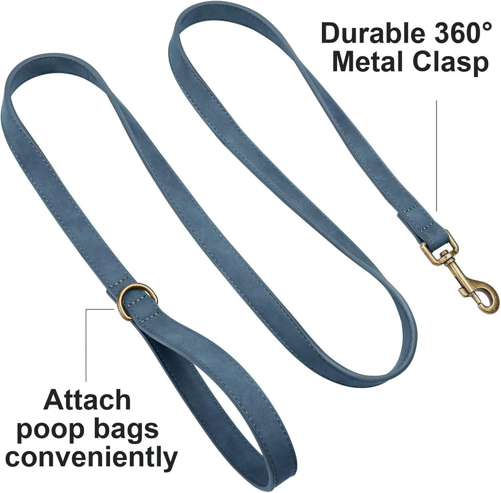 PU Leather Dog Leash for Medium Large Dogs, 3/4in x 5ft, Blue | Soft Grip Full Control, Easy Clean, Metal D-ring for Poop Bag Holder, Tangle-Free 360° Swivel Clasp, for Walking & Training