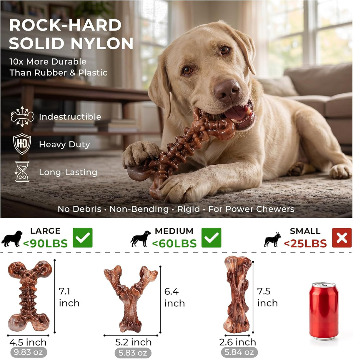 3-Pack Indestructible Dog Chew Toys for Aggressive Chewers, 25-90lbs | Bacon Flavored Rock-Hard Solid Nylon Dog Bones for Medium & Large Breeds, Keeps Them Busy, Dental Textured, Long Lasting - XL