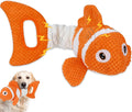 Squeaky Clownfish Dog Toy, Plush Crinkle Tug Toy with Handle | Pineapple cotton plush with squeaker, crinkle paper, stretchable body, and tug handle for interactive indoor or outdoor play