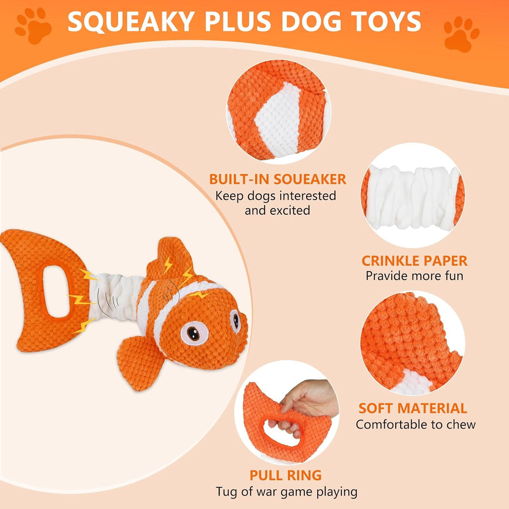 Squeaky Clownfish Dog Toy, Plush Crinkle Tug Toy with Handle | Pineapple cotton plush with squeaker, crinkle paper, stretchable body, and tug handle for interactive indoor or outdoor play
