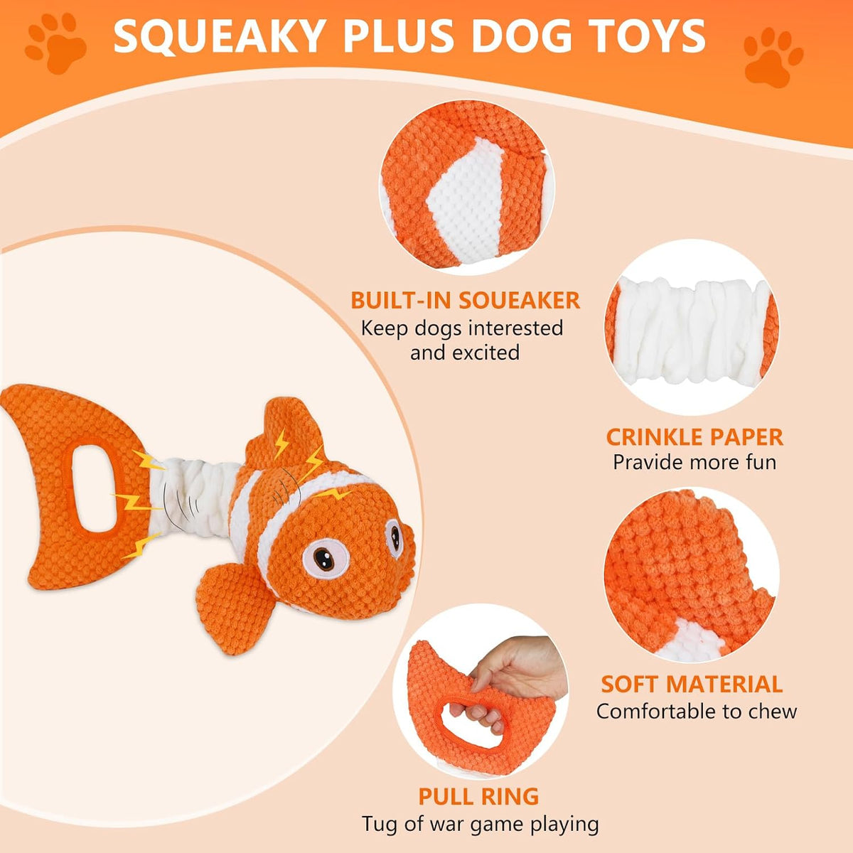 Squeaky Clownfish Dog Toy, Plush Crinkle Tug Toy with Handle | Pineapple cotton plush with squeaker, crinkle paper, stretchable body, and tug handle for interactive indoor or outdoor play