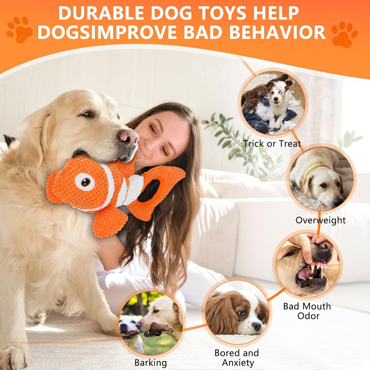 Squeaky Clownfish Dog Toy, Plush Crinkle Tug Toy with Handle | Pineapple cotton plush with squeaker, crinkle paper, stretchable body, and tug handle for interactive indoor or outdoor play