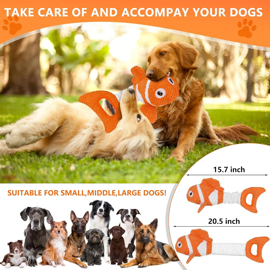 Squeaky Clownfish Dog Toy, Plush Crinkle Tug Toy with Handle | Pineapple cotton plush with squeaker, crinkle paper, stretchable body, and tug handle for interactive indoor or outdoor play