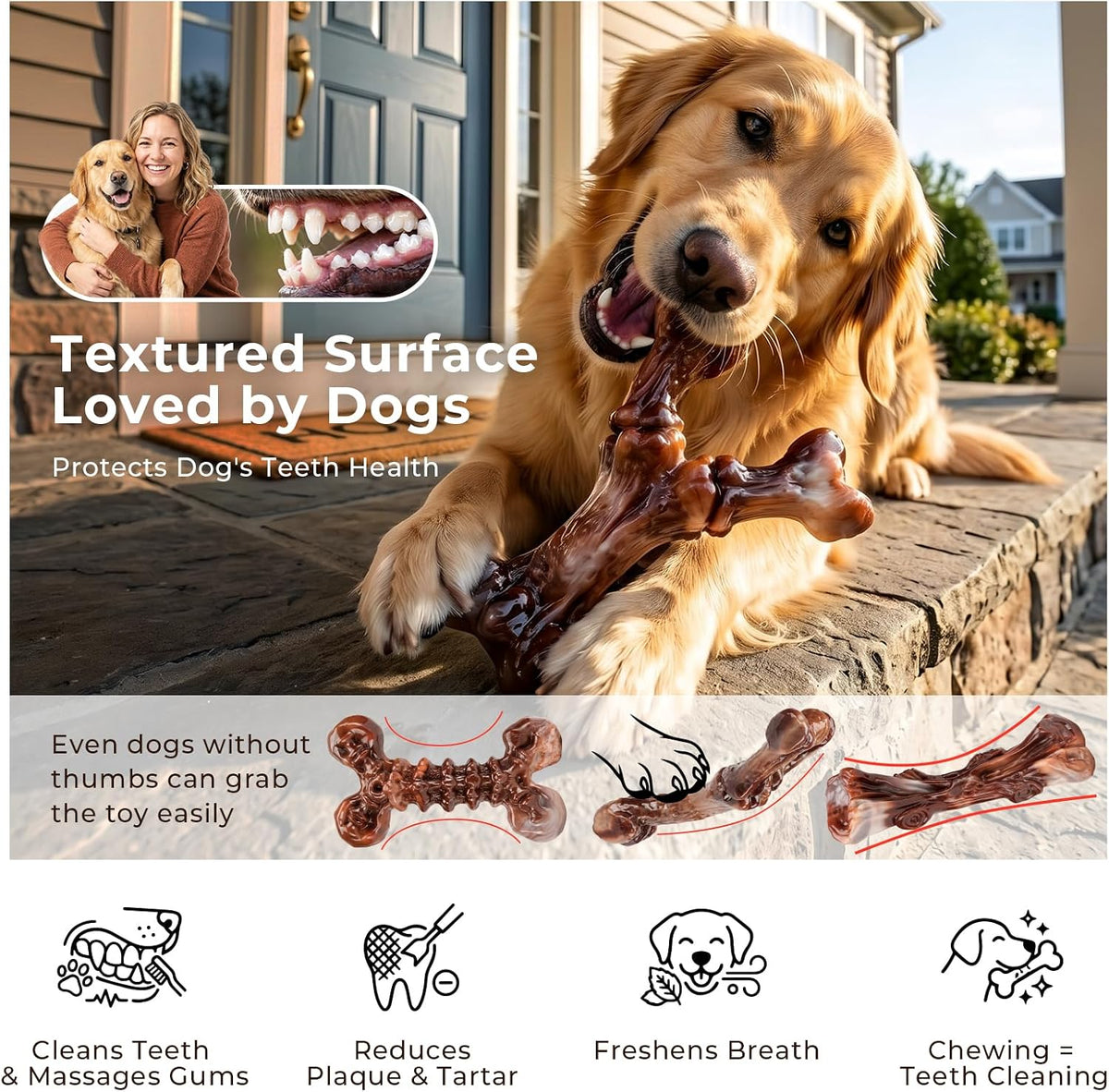 3-Pack Indestructible Dog Chew Toys for Aggressive Chewers, 25-90lbs | Bacon Flavored Rock-Hard Solid Nylon Dog Bones for Medium & Large Breeds, Keeps Them Busy, Dental Textured, Long Lasting - XL