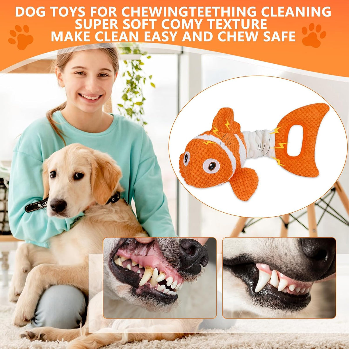 Squeaky Clownfish Dog Toy, Plush Crinkle Tug Toy with Handle | Pineapple cotton plush with squeaker, crinkle paper, stretchable body, and tug handle for interactive indoor or outdoor play