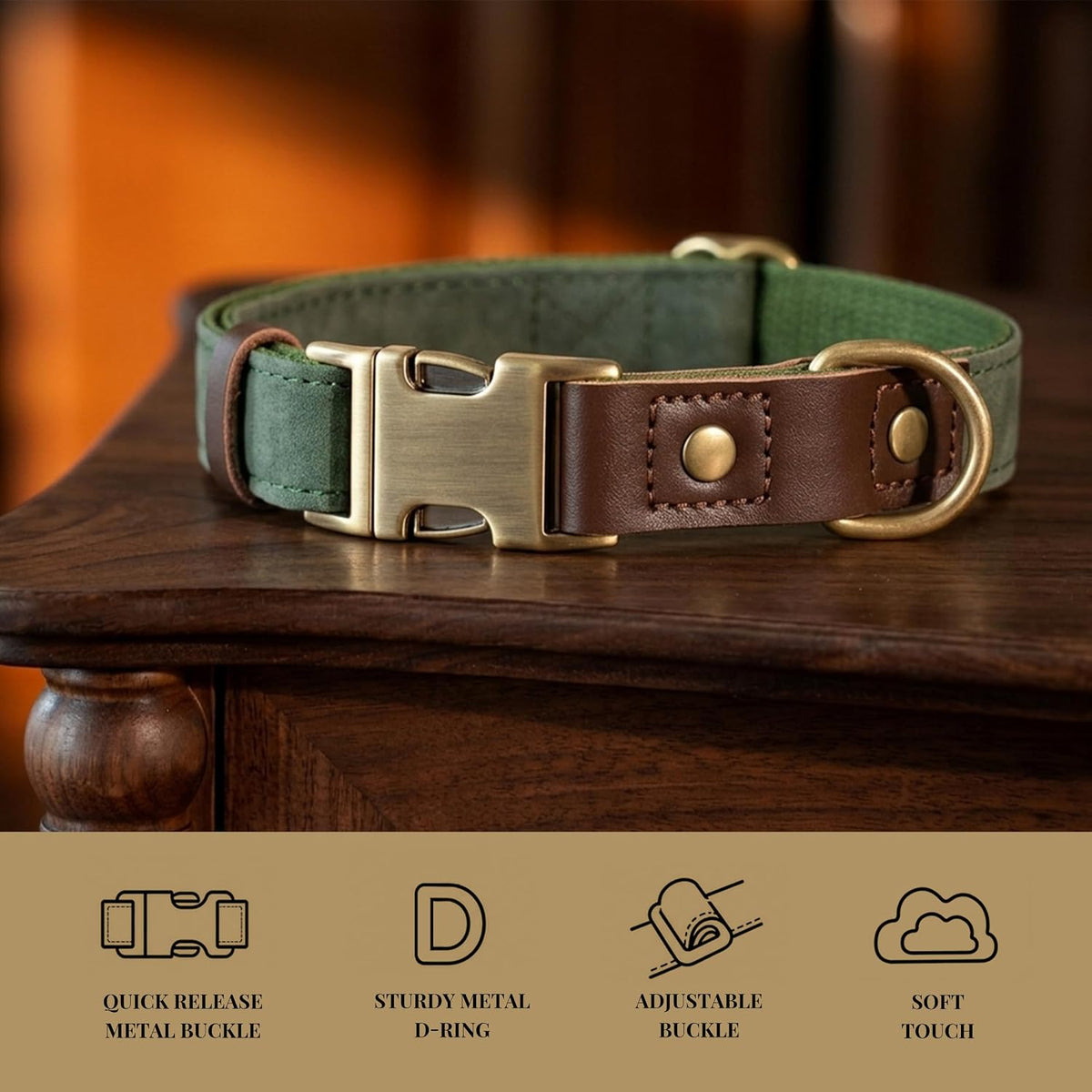 PU Leather Dog Collar for Small Dogs Puppy, Soft Lining, Green S | All-day Comfort for Daily Walks and Backyard Play, Quick Release Metal Buckle for Easy On & Off, D-Ring for Leash, Easy Clean