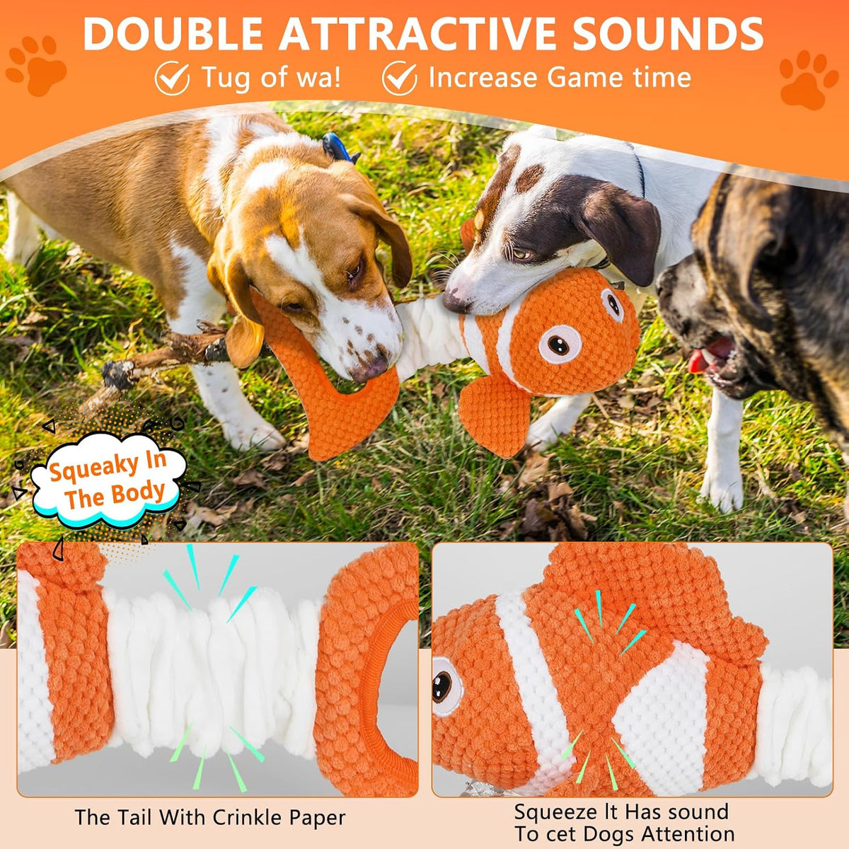 Squeaky Clownfish Dog Toy, Plush Crinkle Tug Toy with Handle | Pineapple cotton plush with squeaker, crinkle paper, stretchable body, and tug handle for interactive indoor or outdoor play