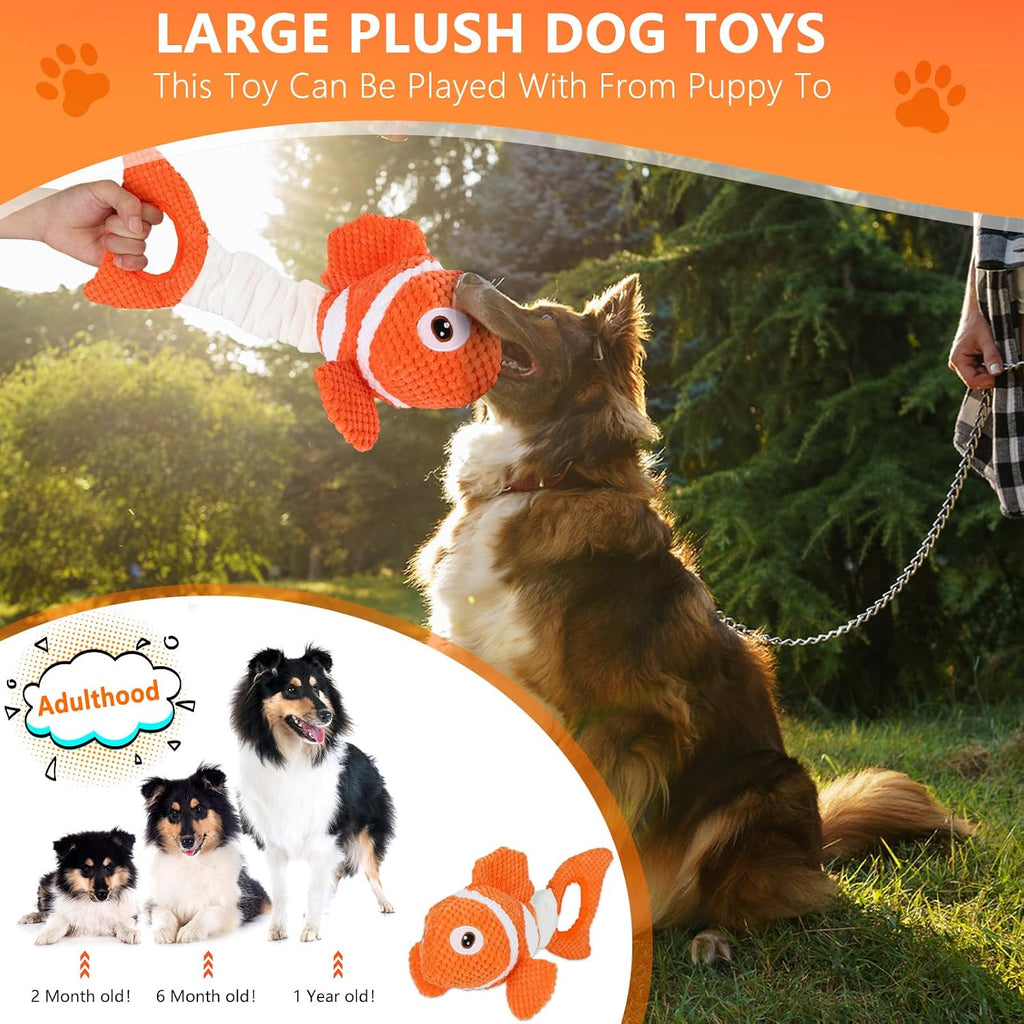 Squeaky Clownfish Dog Toy, Plush Crinkle Tug Toy with Handle | Pineapple cotton plush with squeaker, crinkle paper, stretchable body, and tug handle for interactive indoor or outdoor play