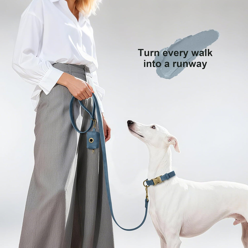 PU Leather Dog Leash for Medium Large Dogs, 3/4in x 5ft, Blue | Soft Grip Full Control, Easy Clean, Metal D-ring for Poop Bag Holder, Tangle-Free 360° Swivel Clasp, for Walking & Training