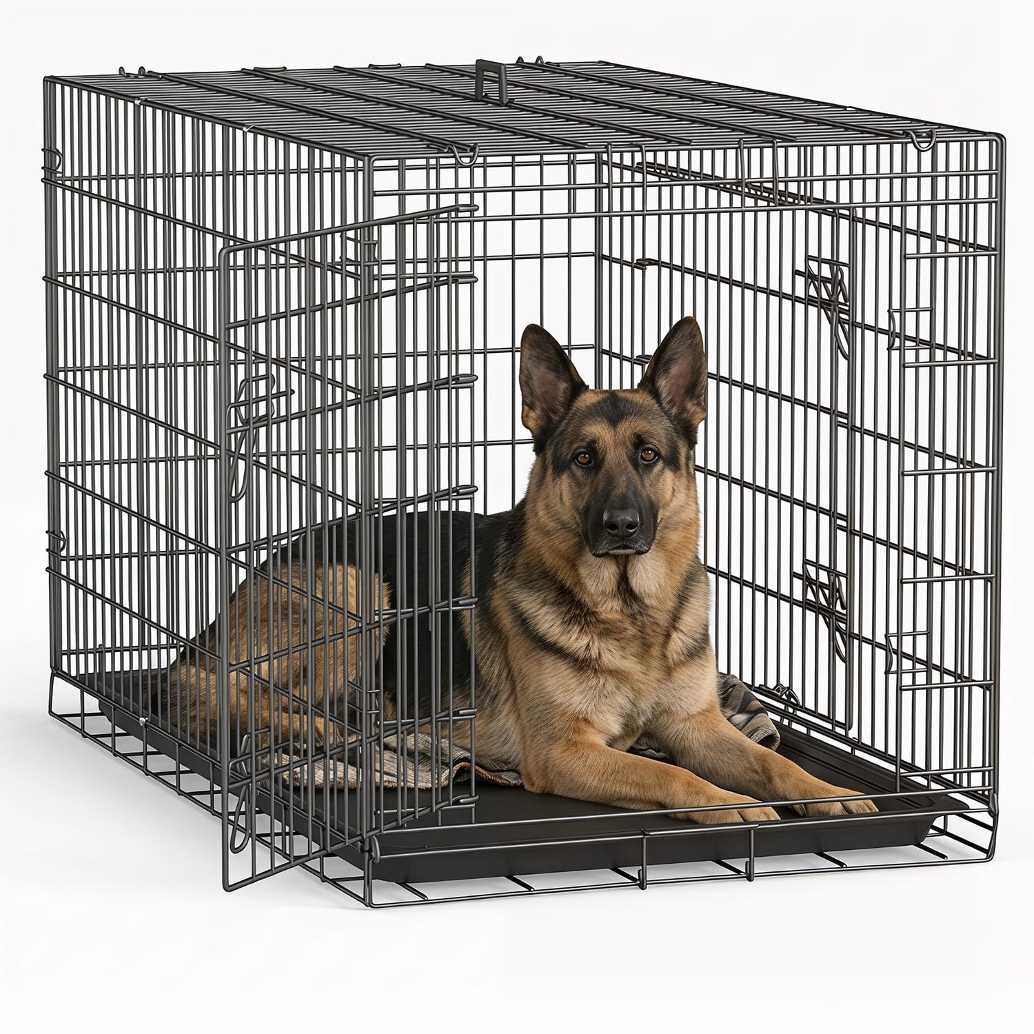 48" Foldable Metal Dog Crate | Dark Black | Cage for XL Dogs | Heavy Duty, Portable Wire Kennel with Double Door, Divider & Leak-Proof Tray | For Training, Home, Travel Indoor/Outdoor Use