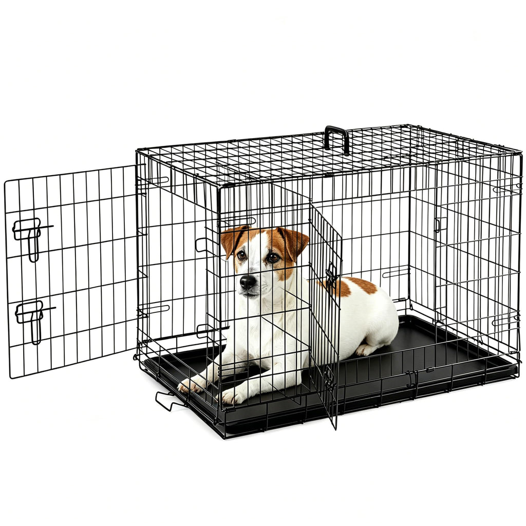 36 Inch Dog Crate, Medium Dog Cage, Foldable Puppy Pet Kennel | Double Door, Metal Kennel, Secure Lock, Removable Tray, Indoor Outdoor Training Travel