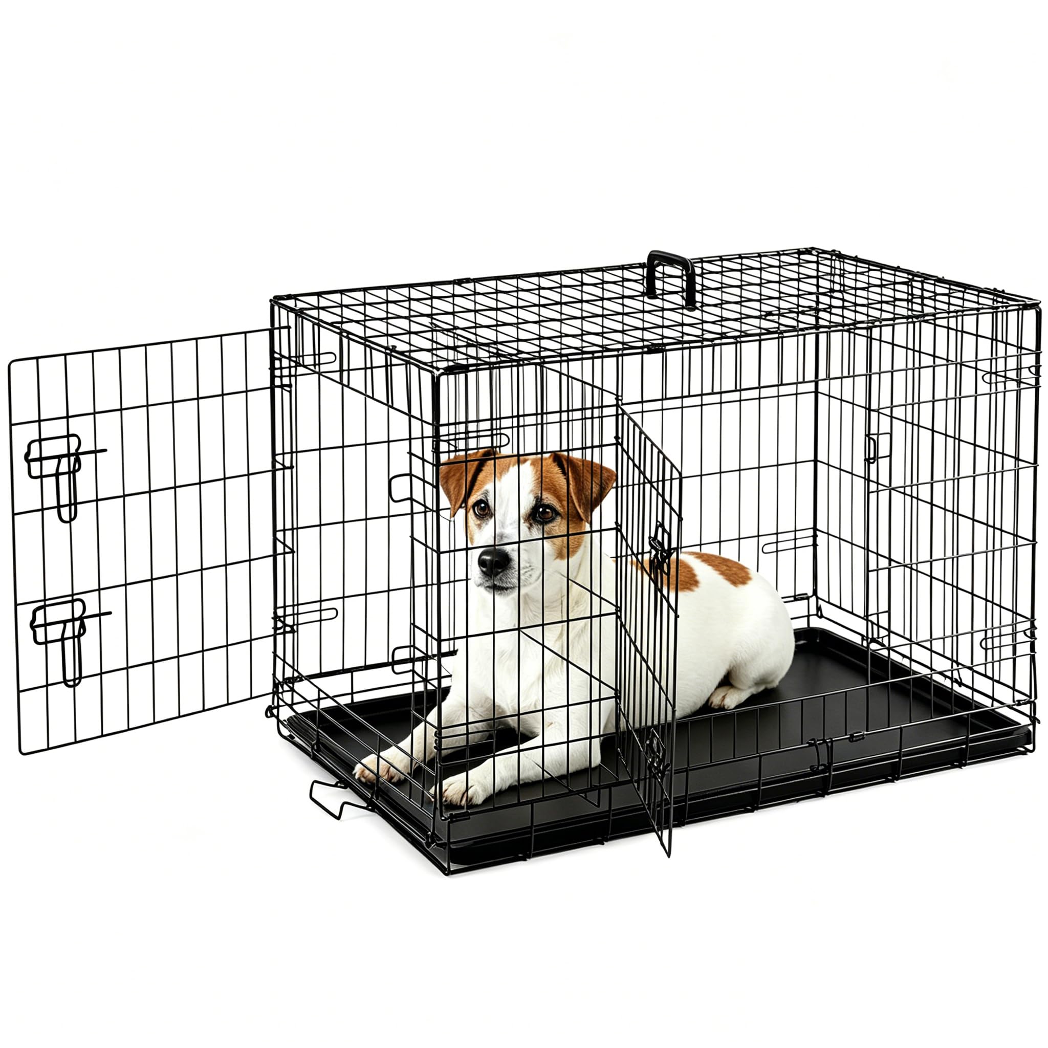 36 Inch Dog Crate, Medium Dog Cage, Foldable Puppy Pet Kennel | Double Door, Metal Kennel, Secure Lock, Removable Tray, Indoor Outdoor Training Travel