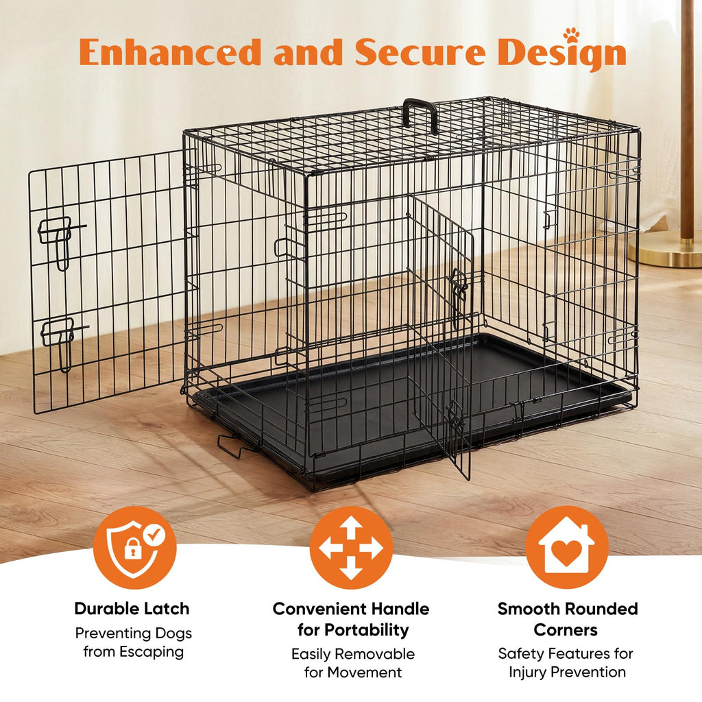 36 Inch Dog Crate, Medium Dog Cage, Foldable Puppy Pet Kennel | Double Door, Metal Kennel, Secure Lock, Removable Tray, Indoor Outdoor Training Travel