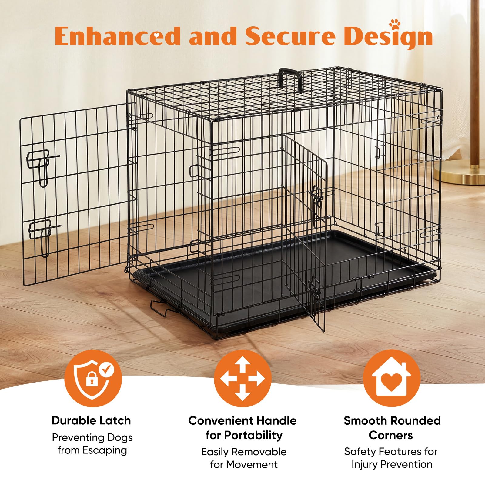 36 Inch Dog Crate, Medium Dog Cage, Foldable Puppy Pet Kennel | Double Door, Metal Kennel, Secure Lock, Removable Tray, Indoor Outdoor Training Travel