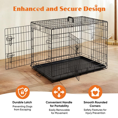 36 Inch Dog Crate, Medium Dog Cage, Foldable Puppy Pet Kennel | Double Door, Metal Kennel, Secure Lock, Removable Tray, Indoor Outdoor Training Travel