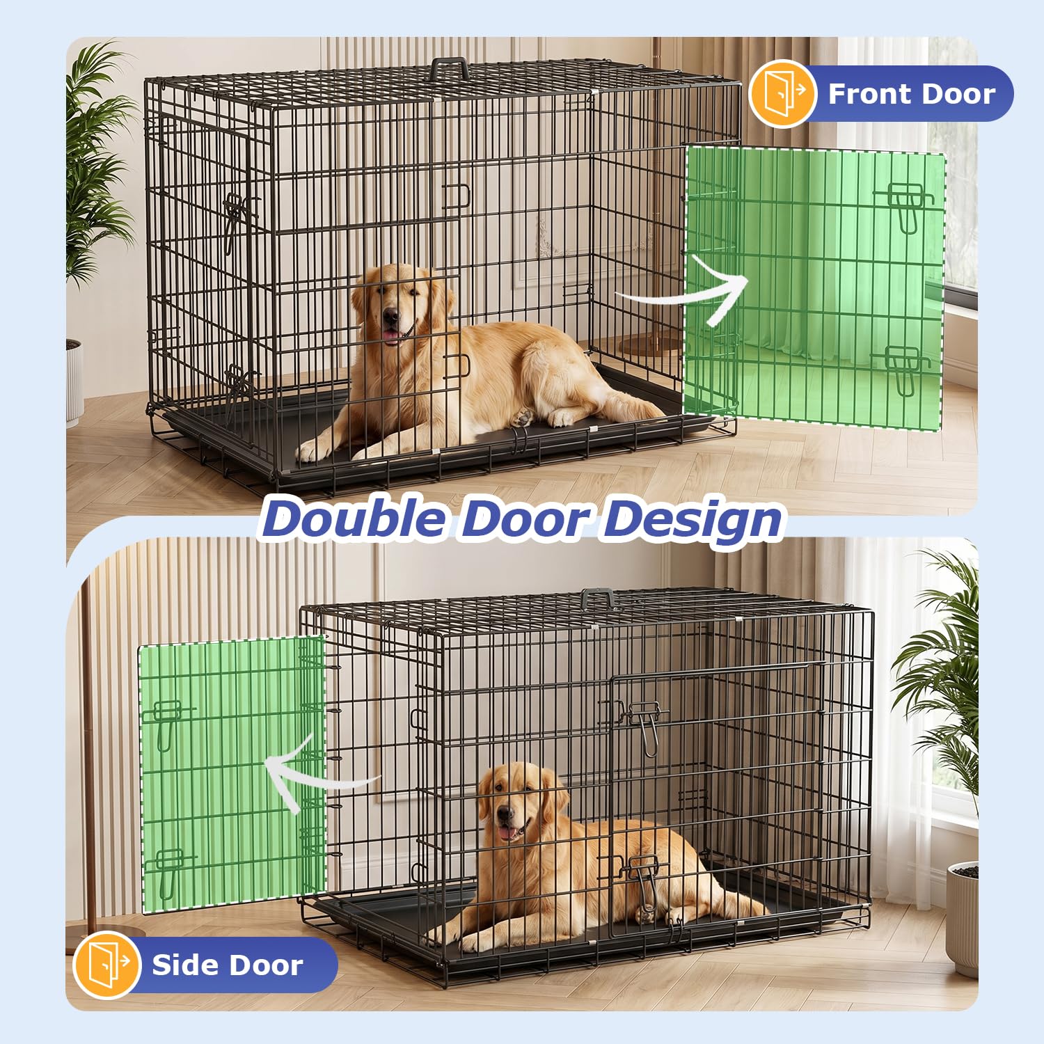 48" Foldable Metal Dog Crate | Dark Black | Cage for XL Dogs | Heavy Duty, Portable Wire Kennel with Double Door, Divider & Leak-Proof Tray | For Training, Home, Travel Indoor/Outdoor Use