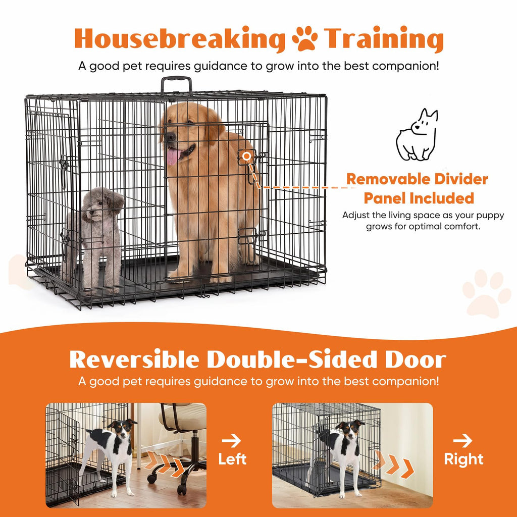 36 Inch Dog Crate, Medium Dog Cage, Foldable Puppy Pet Kennel | Double Door, Metal Kennel, Secure Lock, Removable Tray, Indoor Outdoor Training Travel