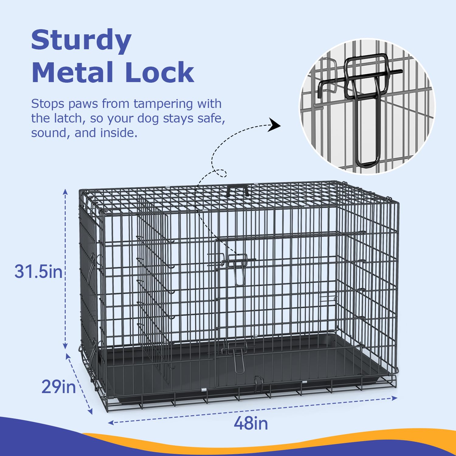 48" Foldable Metal Dog Crate | Dark Black | Cage for XL Dogs | Heavy Duty, Portable Wire Kennel with Double Door, Divider & Leak-Proof Tray | For Training, Home, Travel Indoor/Outdoor Use