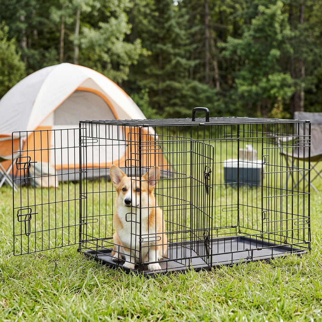 36 Inch Dog Crate, Medium Dog Cage, Foldable Puppy Pet Kennel | Double Door, Metal Kennel, Secure Lock, Removable Tray, Indoor Outdoor Training Travel