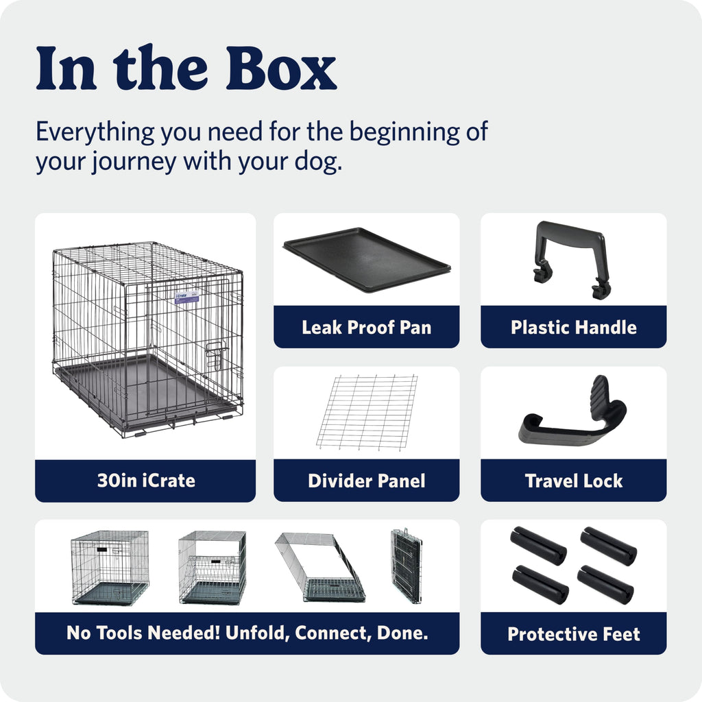 30-Inch iCrate for Medium Breeds, 21-40 lbs, Single Door Folding Dog Crate with Divider Panel, Leak-Proof Tray & Secure Latch, Portable, Durable & Easy to Assemble