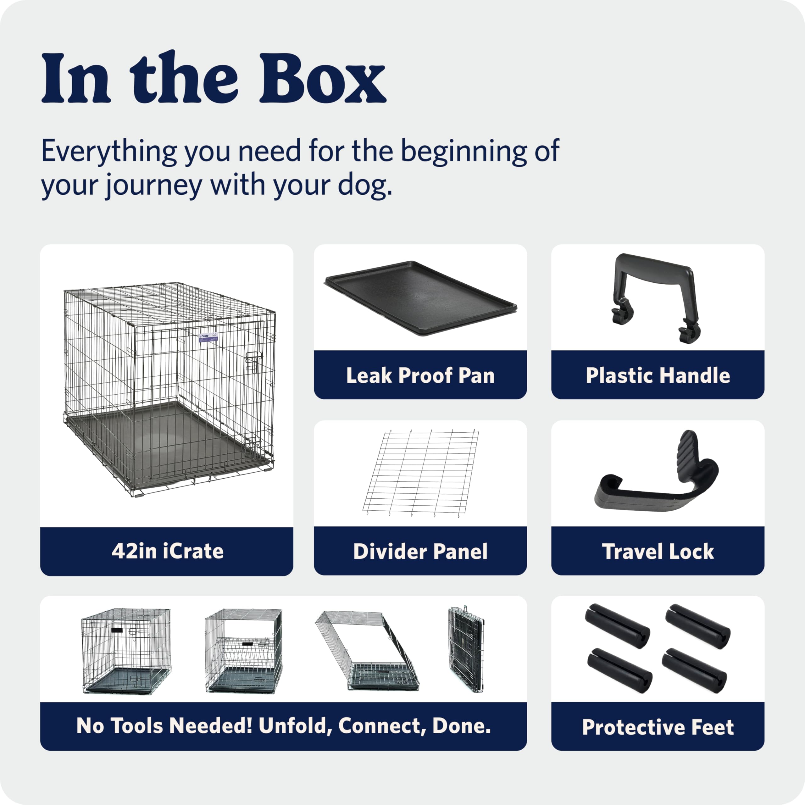42-Inch iCrate for Large Breeds, 71-90 lbs, Single Door Folding Dog Crate with Divider Panel, Leak-Proof Tray & Secure Latch, Portable, Durable & Easy to Assemble